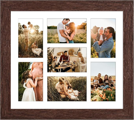 13.5X15.5 Picture Frames Collage with 7 Openings 4X6 Pictures, Multi Photo Frame with Mat for Wall Hanging Decor, Walnut Wood Grain