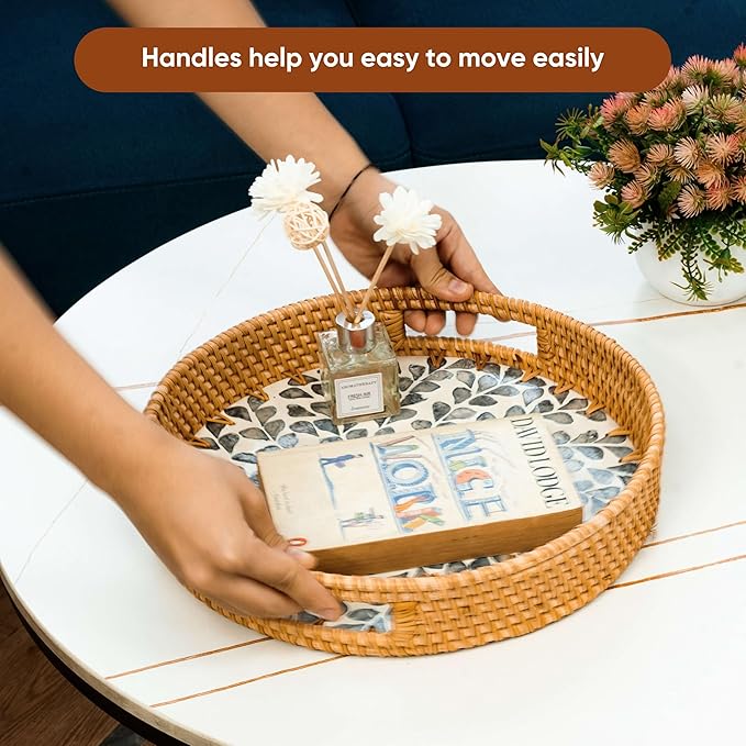 KOLWOVEN Round Rattan Tray with Handle, Rattan Serving Tray with Mother of Pearl Inlay Wooden Base (White- Black Leaves)
