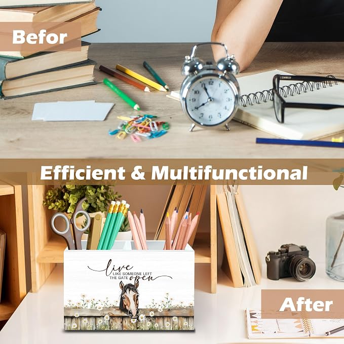 DILSJ Inspirational Horse 2 Compartment Pen Pencil Holder Organizer for Desk, Horse Gifts for Women, Live Like Someone Left The Gate Open Wooden Box Signs for Home Office Desk Tabletop Decoration