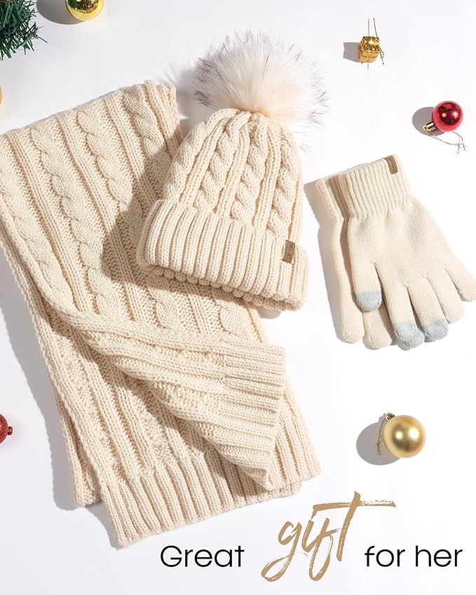 FURTALK Womens Winter Hat Gloves Scarf Set Fleece Knit Pom Beanie Warm Neck Warmer Touchscreen Gloves 3 in 1 Gift Set