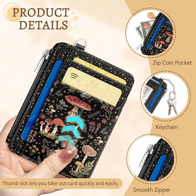 Kelvoris Credit Card Holder Small Wallet Women, Slim RFID, Mushroom Flower | Keychain, Zipper Coin Pocket, Front Pocket Thin Travel Card Case, Minimalist, 6 Card Slots, 1 ID Window, Ladies Gifts Woman