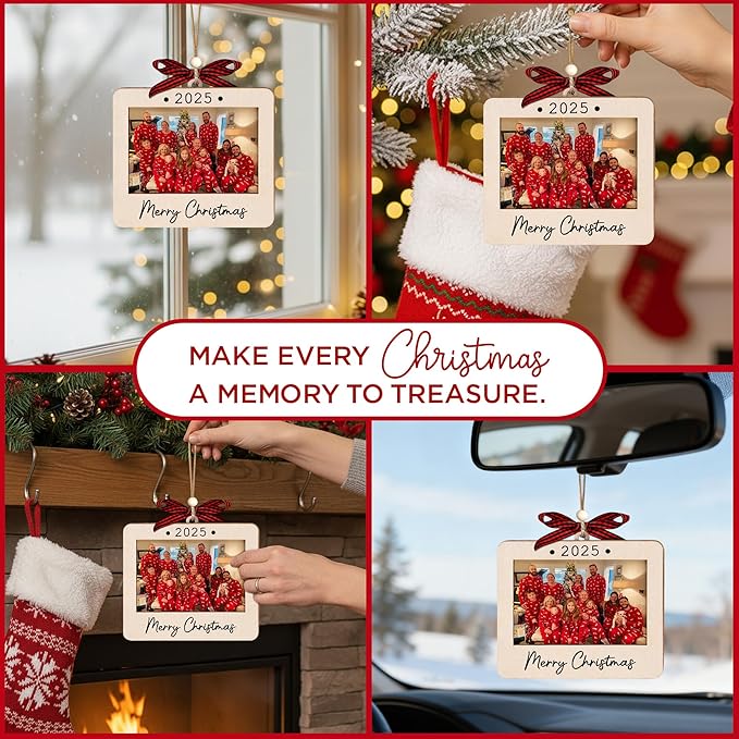 2025 Christmas Ornament Picture Frame - Wooden Landscape Photo Frame Ornaments - Picture Frame Ornament for Tree - Merry Christmas Ornaments with Picture Insert for Family, Friends