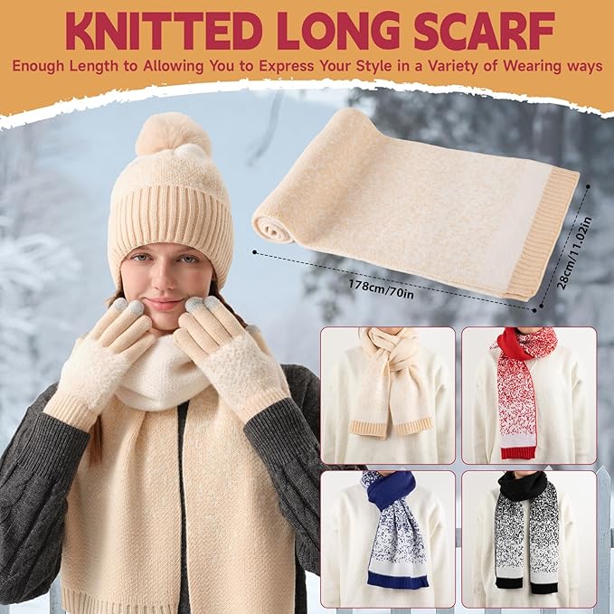 Womens Winter Beanie Hat Scarf Gloves Fuzzy Socks 4 In 1 Set Thermal Fleece Knitted Hat Warm Long Scarf Cold Weather