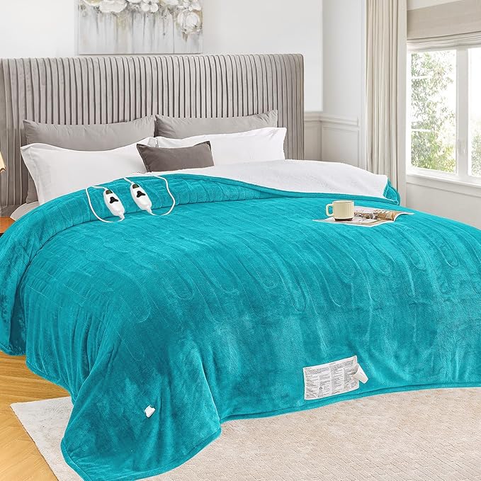 greenoak Heated Blanket Electric King Size 100"X90" Dual Control, Heating Blanket with 10 Levels 1/2/4/6/8 Hours Auto-Off, Soft Sherpa Christmas Blanket,Aqua Green