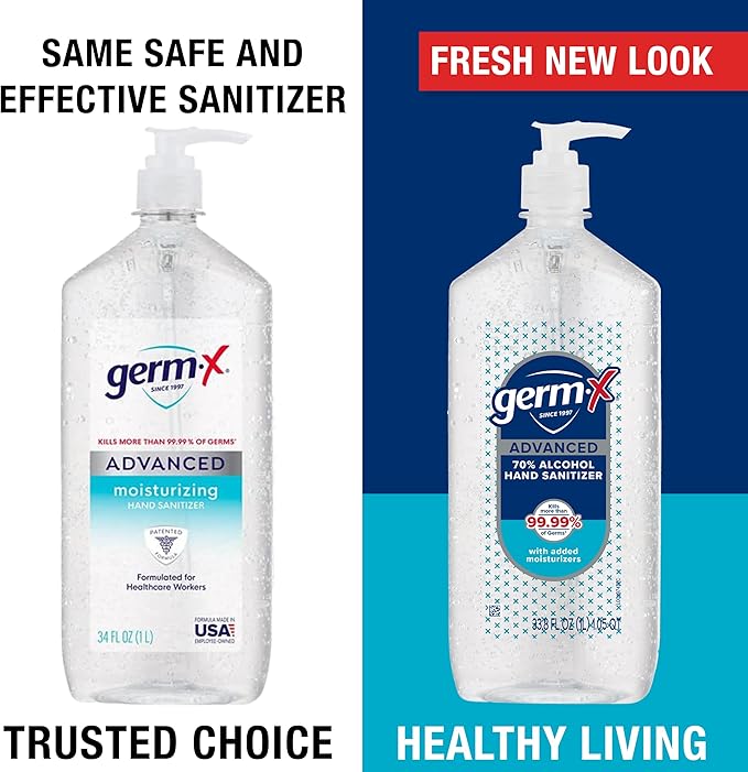 Germ-X Advanced Hand Sanitizer, 34 Fl Oz (1 Liter), Less Drying Moisturizing Clear Gel, No Rinse Formula, Large Family Size Pump Bottle