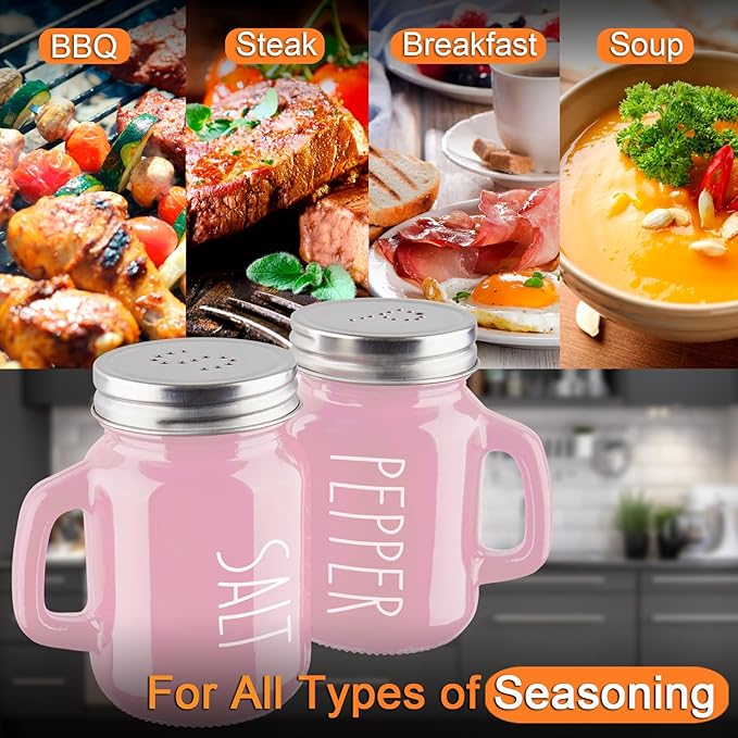 Pink Salt and Pepper Shakers Set - Pink Kitchen Accessories - Pink Kitchen Decor - 4 oz Glass Salt and Pepper Set for Cooking Table, RV, BBQ, Easy to Clean & Refill
