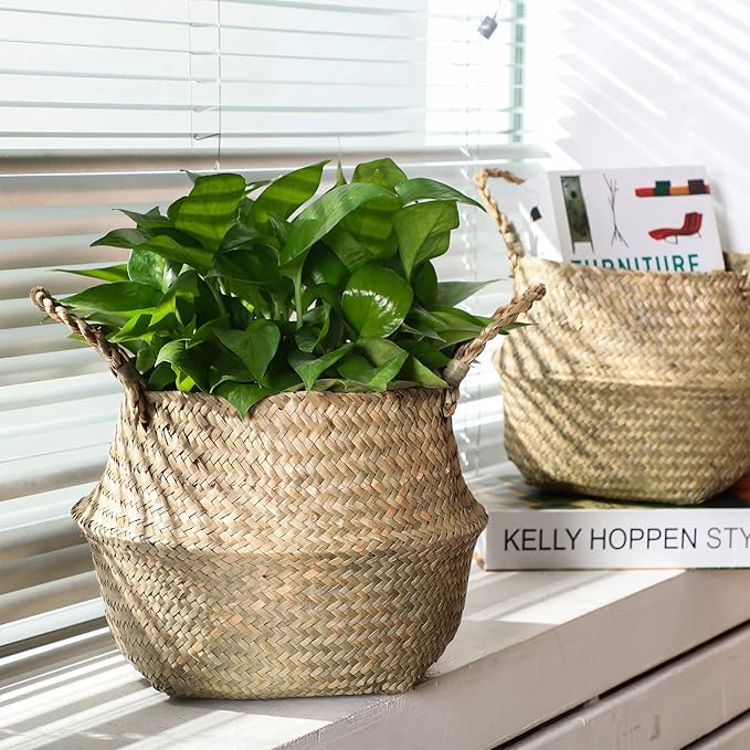 Qunclay 4 Pcs Woven Seagrass Baskets Belly Basket Folding Boho Natural Plant Pot with Handles Round Decorative Wicker Large Indoor Planter for Home Outdoor Tree Planters Decor (9 x 11 Inch)