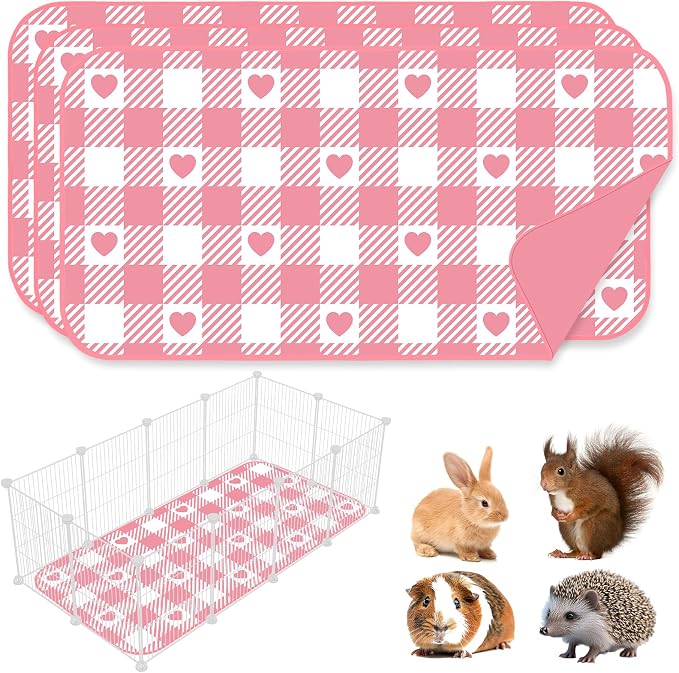 JarThenaAMCS 3 Pcs Checkered Guinea Pig Pee Pads 24 x 47 in Pink White Heart Reusable Bunny Squirrel Mat Washable Small Animal Cage Liner for Valentine's Day Rabbit Hamster Chinchilla Ferret Rat