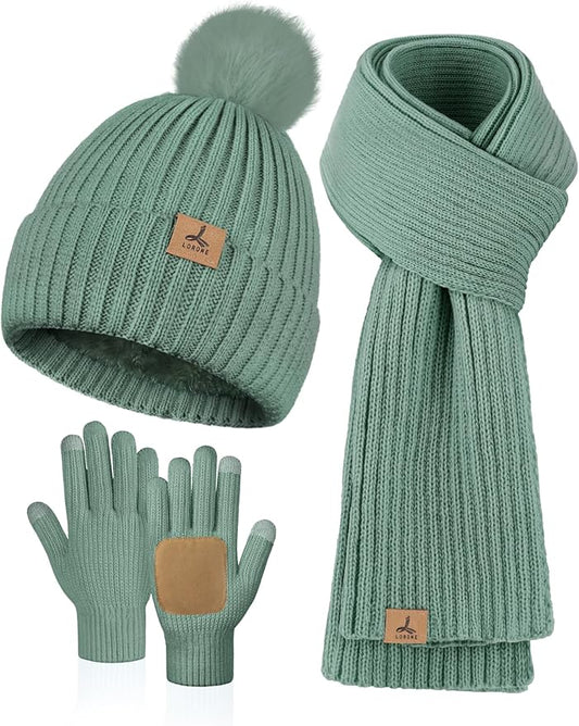 LOROME Women Winter Beanie Hat Scarf Gloves Set, Fleece Knitted Pompom Hat Warm Neck Scarf Touchscreen Gloves Winter Gift