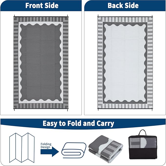 Waterproof Plastic Straw Outdoor Rug 9x18 Patio Reversible UV Resistant Foldable Camping Carpet Scalloped Border Large Outdoor Rugs for Deck, Picnic, Porch, Camper, Balcony, Beach，Grey