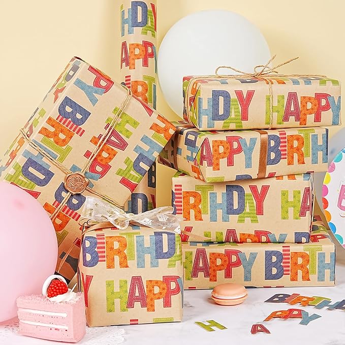 Birthday Wrapping Paper Roll, Kraft Gift Wrapping Paper Jumbo Roll, Colorful Happy Birthday Wrapping Paper for Kids Boys Girls Men Women, Brown Kraft Wrapping Paper for Birthday Party, 17Inchx49Feet