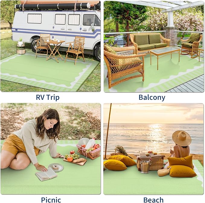 9x12 Outdoor Rug Waterproof Foldable Plastic Straw Carpet for Patio Porch Scalloped Border Reversible Mat Lightweight Floor Mat for Picnic, Rv, Beach, Deck, Camper, Balcony，Light Green