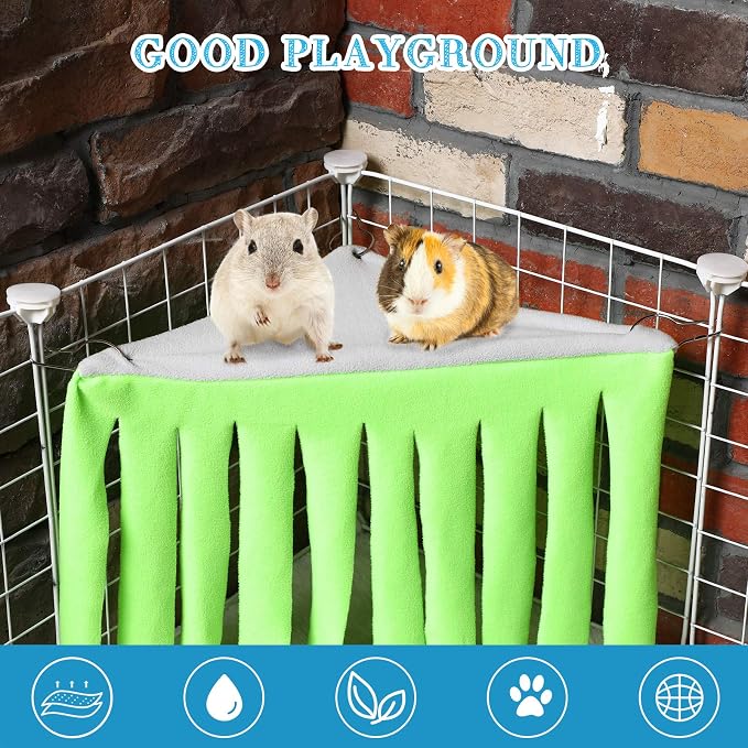 Shappy 2 Pcs Guinea Pig Hideout Hideaway Cage Hammock, Blue Green | Corner Hideout Hammock, Soft Fleece for Ferrets Chinchillas Hedgehogs, Cozy Hide with Fringe Curtain Design