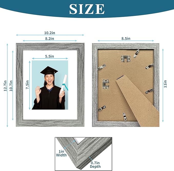 8.5 x 11 Picture Frame Set of 4, Made of Real Glass and Grey Certificate & Diploma Frame, 8.5 by 11 Photo for Wall or Tabletop - Display Picture 6x8 with Mat or 8.5x11 Without Mat