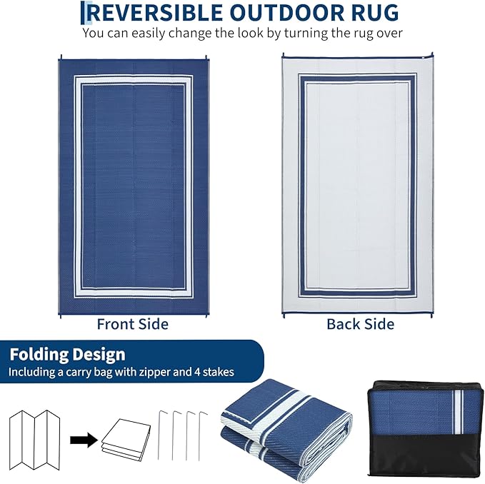 Outdoor Rug 9x18 Waterproof Reversible Mat All Weather Outdoor Plastic Straw Rus Carpet UV Resistant Modern Bordered RV Mat Carpet for Patio Deck Balcony Pool Picnic Blue/White