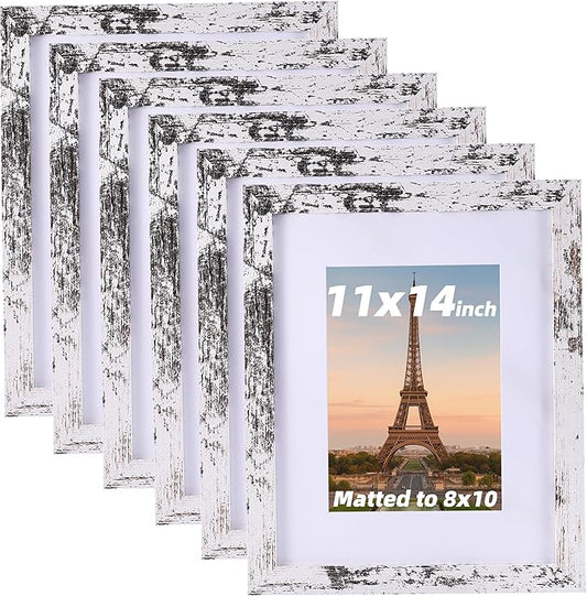 6 Pcs 11x14 Rustic White Wood Picture Frame - Display Pictures 8x10 with Mat or 11 x 14 without Mat - Distressed White Wooden Photo Frames for Wall Mounting 11 14 Matted to 8x10 Farmhouse Set of 6