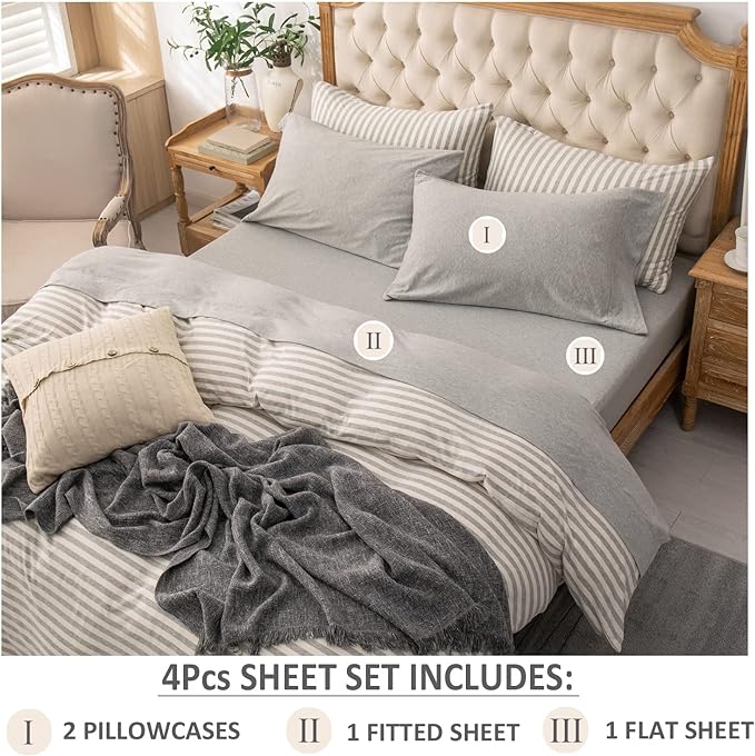 PURE ERA Jersey Knit 4pc Bed Sheet Set 100% T-Shirt Heather Cotton Super Soft Comfy Breathable Fits Mattress Up to 20" Extra Deep Pocket (Heather Light Grey, Cal King)