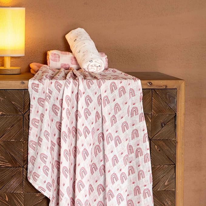Muslin Swaddle Blankets for Newborn, 4 Pack Organic Cotton Baby Blanket, Large 31.5 x 43.3 Breathable Soft Receiving Blankets Girl, Essentials Swaddle Wrap Burping Clothes, Pink Rainbow