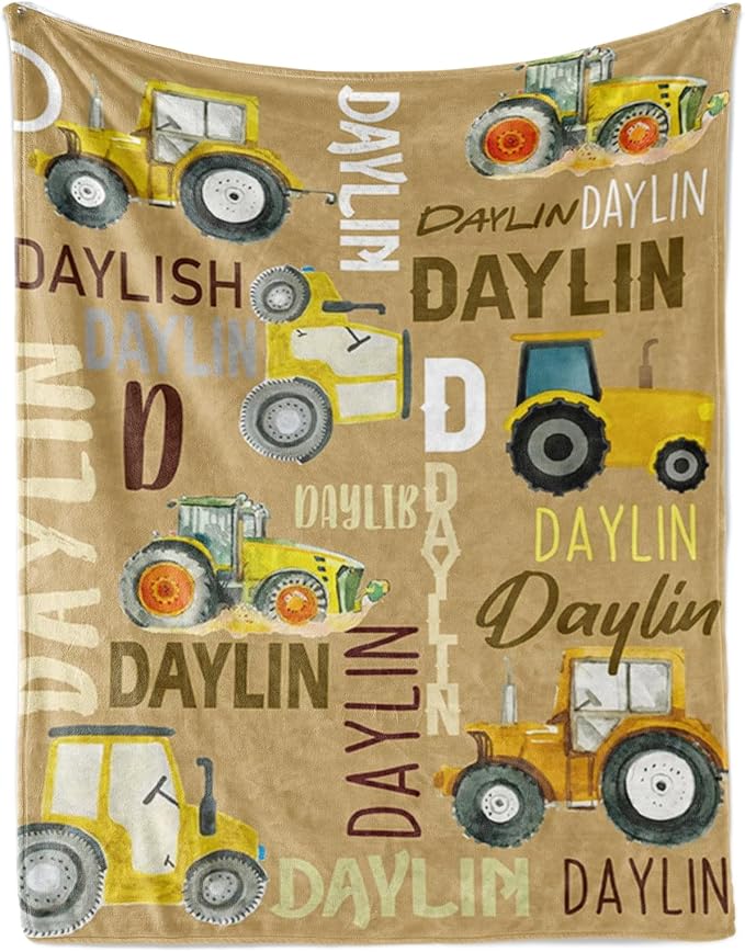 Personalized Tractors Blanket - Custom Name with Farm Tractor Trucks Design - Soft Plush Flannel Bed Blanket for Baby Kid Teen Boys Girls Customized Gifts Khaki