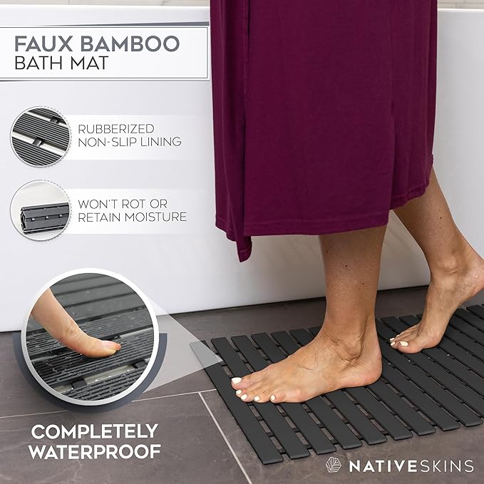 NativeSkins Faux Bamboo Bath Mat (Black), Non-Slip Safety Lining, Bamboo Shower Mat, Waterproof, Quick-Drying, Mat for Spa, Sauna Mat, Teak Bath - Medium - 16.9 x 25.2in