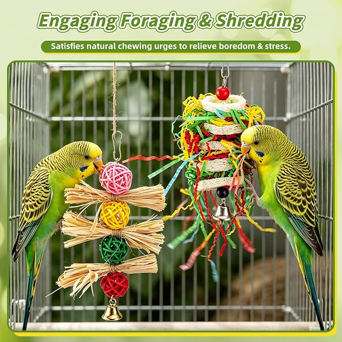 8 Pcs Natural Wood Bird Toys & Perches Set for Cages | Ideal for Small/Medium Parrots (Budgies, Conures) | Birch Ladder, Swing and Foraging Items for Cage Gym | Tool-Free Mount