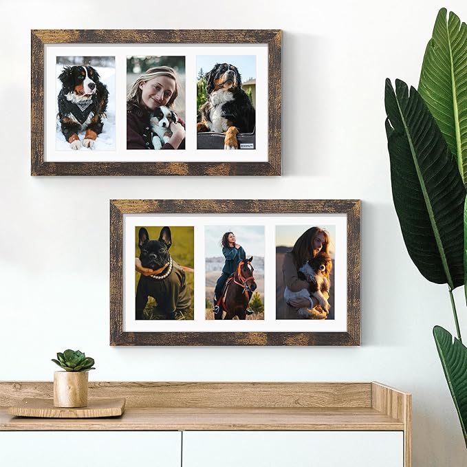 8x14 Collage Picture Frame 4x6 Collage Picture Frame Displays Three 4x6 inch Photos or 8x14 (Without Mat) for Available Horizontal Wall Mounting Display and Vertical Brown