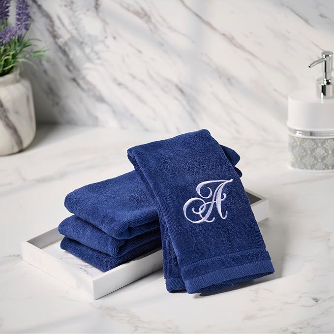 Creative Scents Navy Blue Monogrammed Towels with Initials - 4 Pack Super Absorbent Bathroom Fingertip Cotton Towel with Soft Velour Finish - Personalized Gifts for Freinds & Family 11"x18" Initial Z