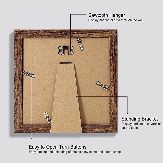 8x8 Picture Frames Set of 4, Made of Glass and Rustic Brown Wooden Frame - Display Picture 6x6 with Mat or 8 x 8 Without Mat, 8 by 8 Photo for Wall or Tabletop