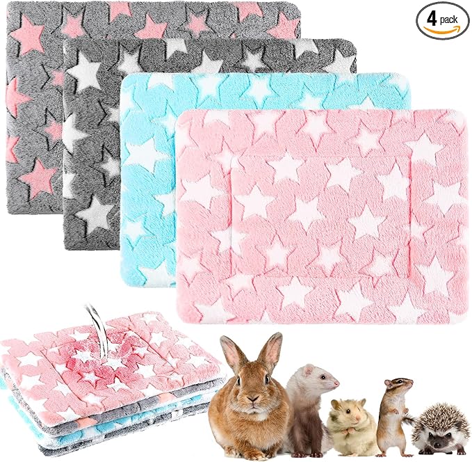 Haull 4 Pcs Waterproof Guinea Pig Bedding Soft Dog Cat Bed Crate Mat Small Animal Plush Cage Liners Rabbit Bunny Kennel Pad Reversible Cozy Pee Thickened Hamster Pad(Cute Star,13 x 10 Inch)