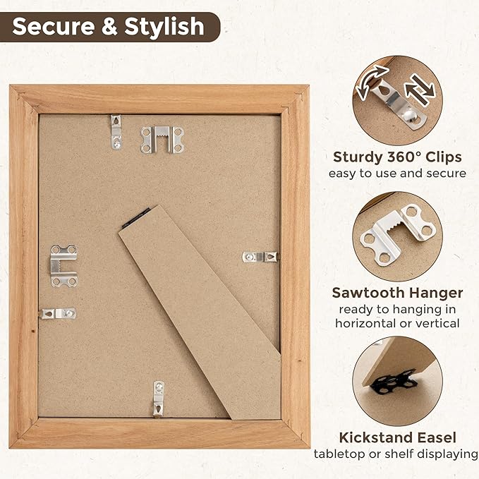 Fun Memories 8x10 Picture Frame with Mat for 5x7 Photo, Solid Elm Wood & Tempered Glass, Rustic Wall & Tabletop Display Frame, Natural, 1 Pack