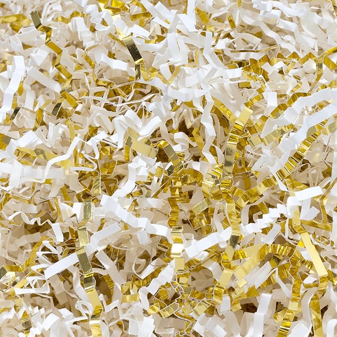 Wowxyz 2 LB Crinkle Cut Paper Shred White & Gold Gift Box Filler - Baskets Stuffing Shredded Paper Confetti for Christmas, Holiday Gifts Packaging Wrapping