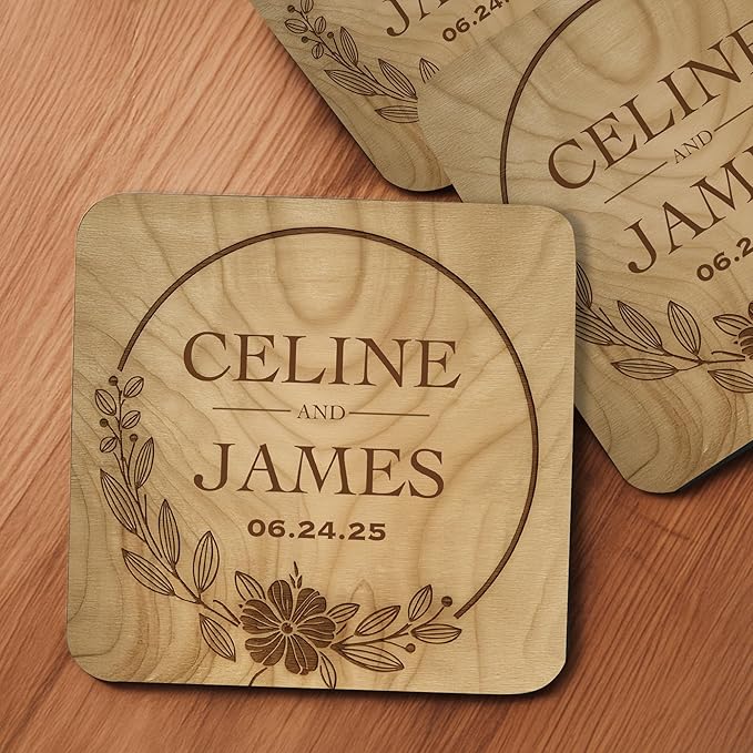 100 Pack Personalized Wedding Coasters, Custom Cardboard Coasters for Drinks with Photo Print and Text, Keepsake Wedding Favors and Gifts for Couples, 4x4 Square, Design 2