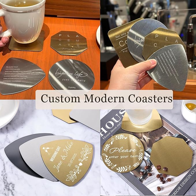 Personalized Coasters,Stainless Steel Coaster with Sponge Bottom,Engraved Drink Coasters with Logo/Name, Modern Coasters for Restaurant, Bar, Housewarming or Wedding Gift, Set of 6 (Golden, Round)