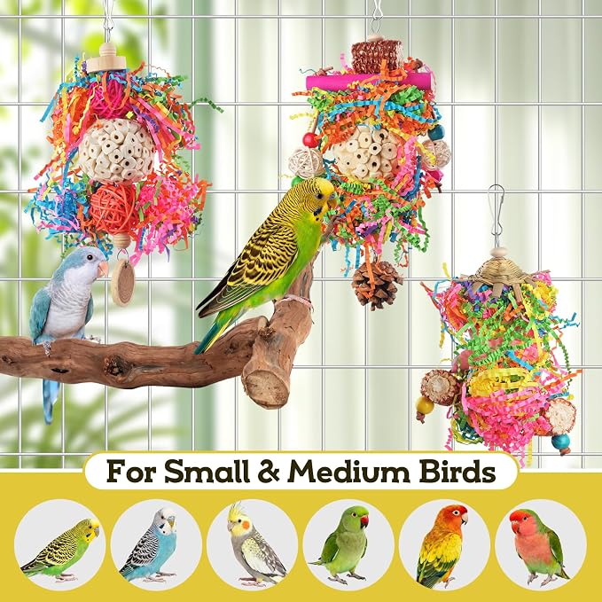 Bird Toys, Parakeet Foraging Toys, Hanging Chewing Toys with Natural Wooden Perches, Bird Cage Accessories, Suitable for Parakeets, Cockatiels, Budgies, Lovebirds & More