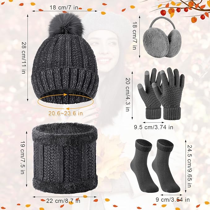 SATINIOR 5 Pcs Winter Hat Scarf Gloves Set Fleece Warm Lined Knit Beanie Hat Touch Screen Earmuff Gloves Warmer for Women(Dark Grey,Classic Style)