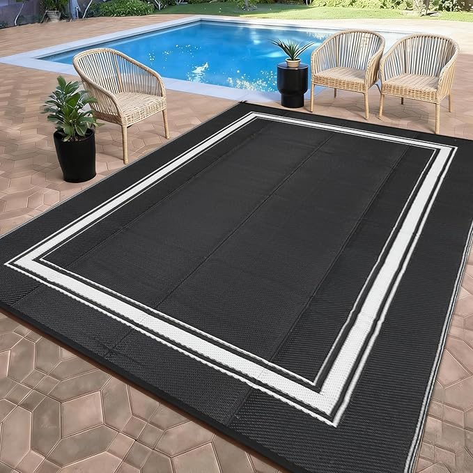 Outdoor Rug 9x18 Waterproof Reversible Mat All Weather Outdoor Plastic Straw Rus Carpet UV Resistant Modern Bordered RV Mat Carpet for Patio Deck Balcony Pool Picnic Black/White