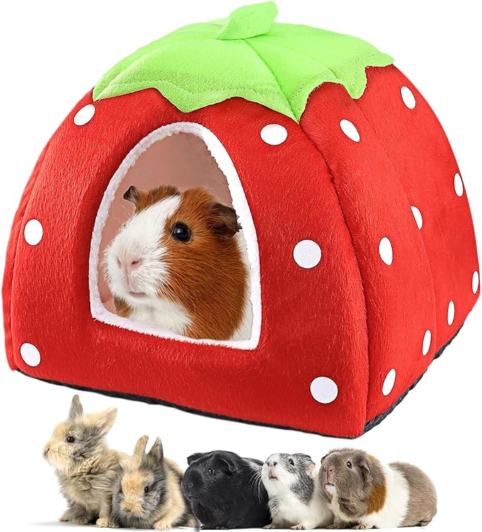 Mygeromon Guinea Pig Bed Rabbit Hideout Cuddle Cup (Strawberry Style) | Washable, Winter, Small Animals Sleeping House, for Ferret, Chinchilla, Bunny