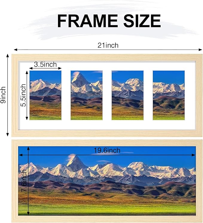 Vittanly 8x20 Collage Picture Frame, Displays 4Pcs 4x6 Pictures with Mat or 1Pcs 8x20 without Mat, Picture Frames Collage Wall Decor for Horizontal or Vertical Display, Nature Wood, 1 Pack