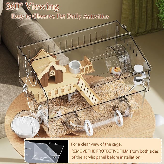 All in 1 Hamster Cage with Tunnel and 7 Accessories,Clear Acrylic Small Animal Habitat for Dwarf Hamster,Gerbil,Hedgehog(17.7"*11.8"*13.4")