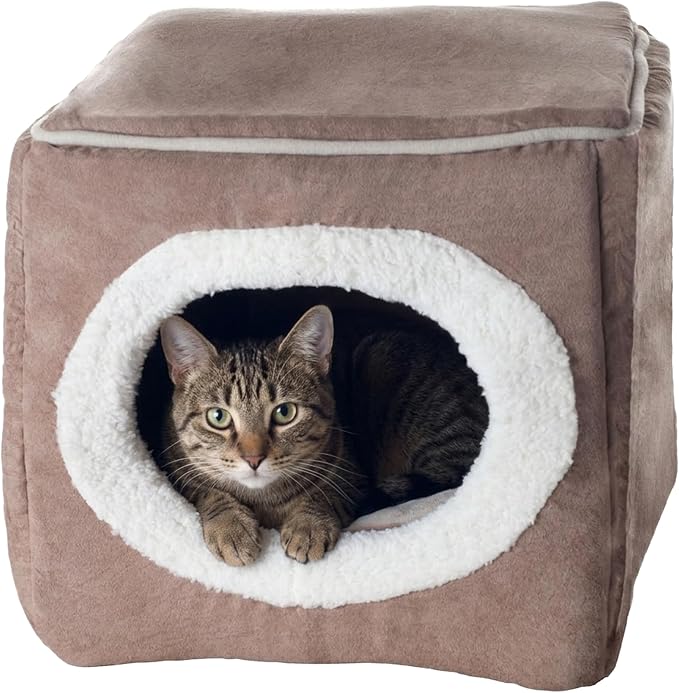 Cat House - Indoor Bed with Removable Foam Cushion - Cat Cave for Puppies, Rabbits, Guinea Pigs, and Other Small Animals by PETMAKER (Light Brown)