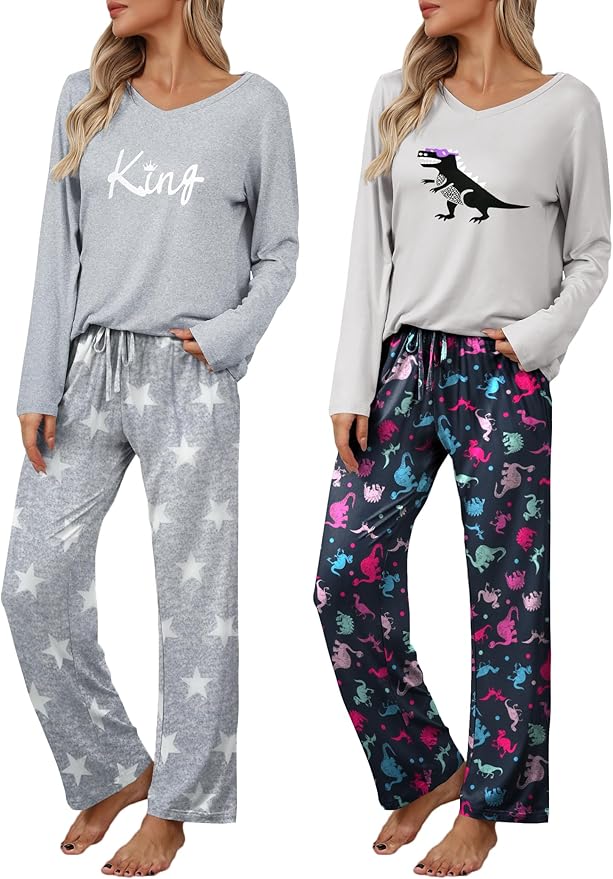 Ekouaer Womens 2 Pack Pajama Set Long Sleeve Pajamas Top and Pants V Neck Pjs Set Soft Loungewear with Pockets
