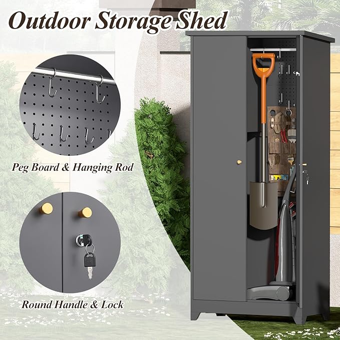 GREATMEET 72.8" Outdoor Broom Storage Cabinet, Metal Storage Cabinets for Cleaning Supplies with Slanted Roof, Utility Closet, Waterproof Outdoor Shed for Broom Mop, Grey