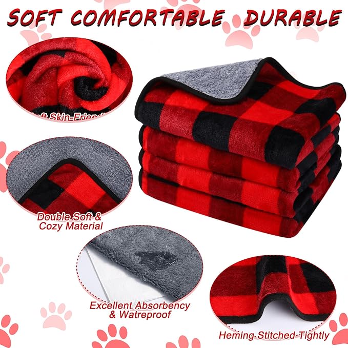 Reginary 4 Pcs Guinea Pig Fleece Blankets, Plaid, 24 x 16 Inch | Waterproof Washable Cage Liners, Absorbent Double Layer Bedding for Guinea Pigs, Reusable Pads for Hamsters Rabbits