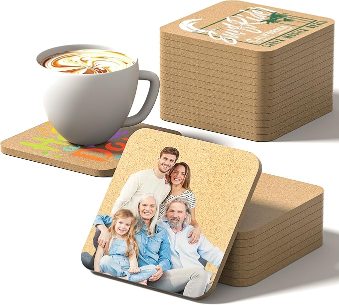 30-100 Pcs Personalized Coasters, UV Full Color Printing Customize Photo Logo Text, Non-Slip Heat-Resistant Custom Cork Bar Coasters for Drinks Personalized Gifts (Square)