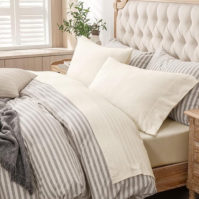 PURE ERA Jersey Knit 4pc Bed Sheet Set 100% T-Shirt Cotton Super Soft Comfy Breathable Fits Mattress Up to 20" Extra Deep Pocket (Solid Creamy White, Queen)