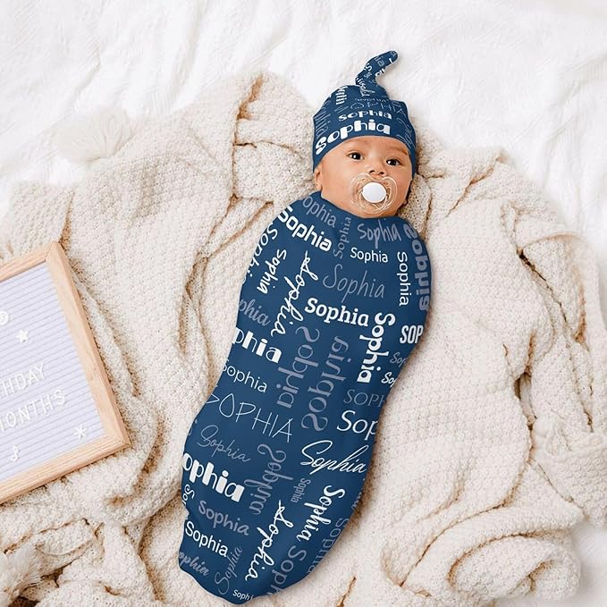 Personalized Baby Swaddle Blanket for Boys Girls Name Lettering Custom Name Receiving Blanket with Cap for Newborn Girls and Boys Soft Sleeping Sack
