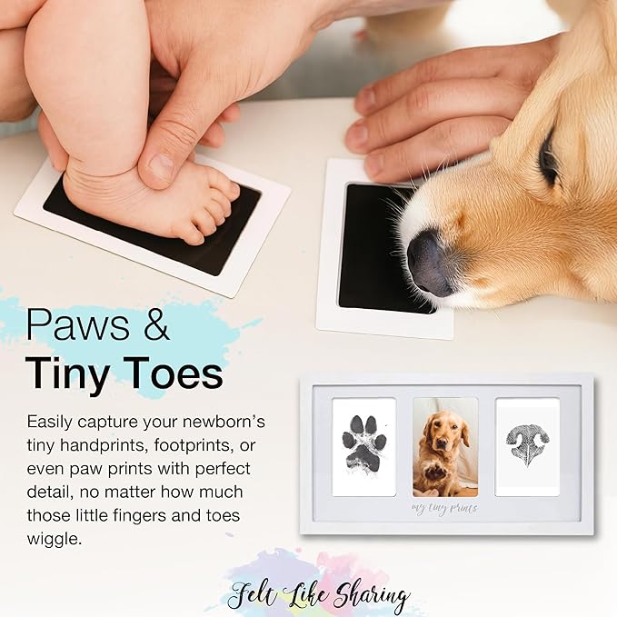 Felt Like Sharing My Tiny Prints Newborn Baby Handprint and Footprint Kit – Photo Keepsake Frame with Ink Pad for Baby Hand and Footprints – Great New Parent Present – 17” L x 9.5” H (White)