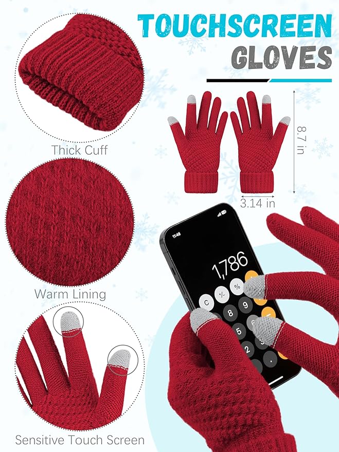 Winter Hat Scarf Gloves and Ear Warmer, Knit Warm Beanie Hat Touch Screen Gloves Long Knitted Plaid Scarf Set Gifts for Women