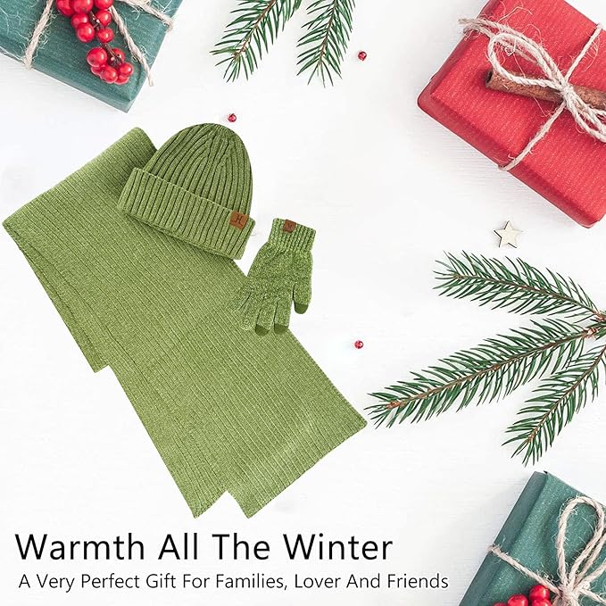 Womens Winter Knit Warm Hat Beanie Long Scarf Touch Screen Gloves Set Skull Caps Neck Scarves for Women