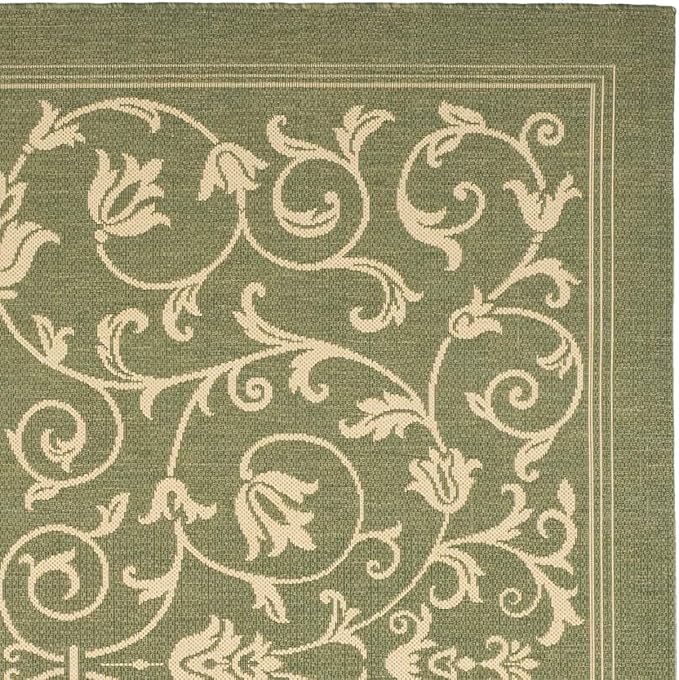 SAFAVIEH Washable Rug Outdoor Courtyard Collection - 5'3" Square, Olive & Natural, Non-Shedding & Easy Cleaning, Ideal for Patio, Backyard, Mudroom (CY2098-1E06)
